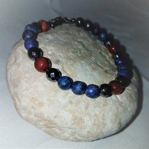 Men's bracelet lapis, coral and hematite. 8.5 in.